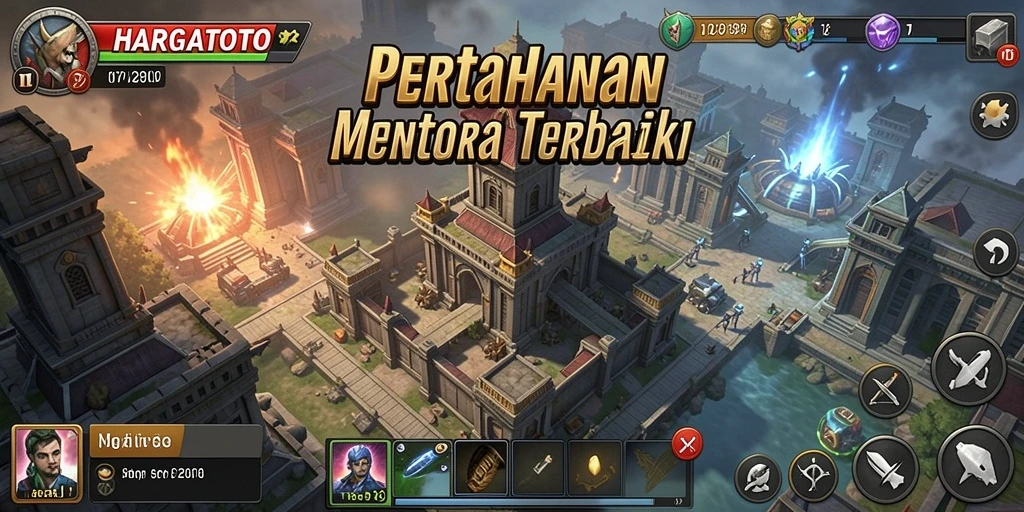 Tangkapan layar HARGATOTO menampilkan aksi pertahanan menara yang mendebarkan.