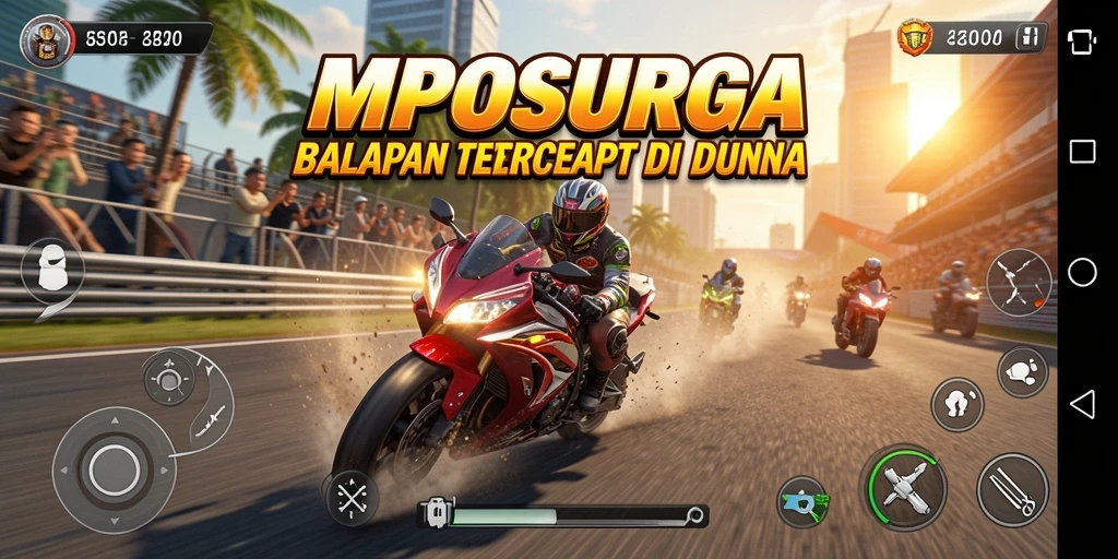 Screenshot MPOSURGA menampilkan balapan motor yang intens dan grafis memukau.