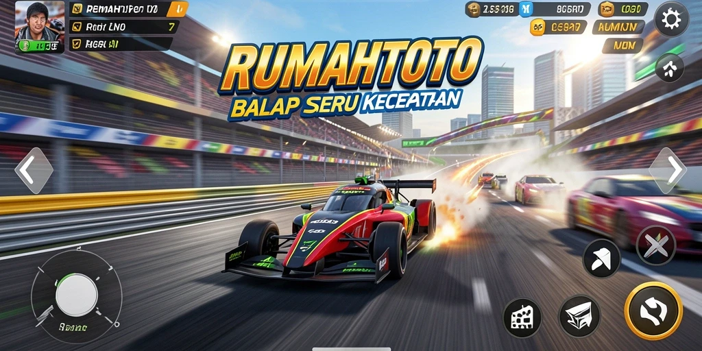 Screenshot gameplay RUMAHTOTO dengan aksi balap yang mendebarkan.